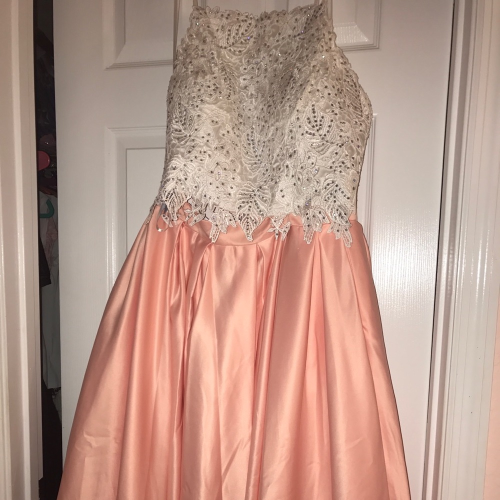 Peach and white prom dress